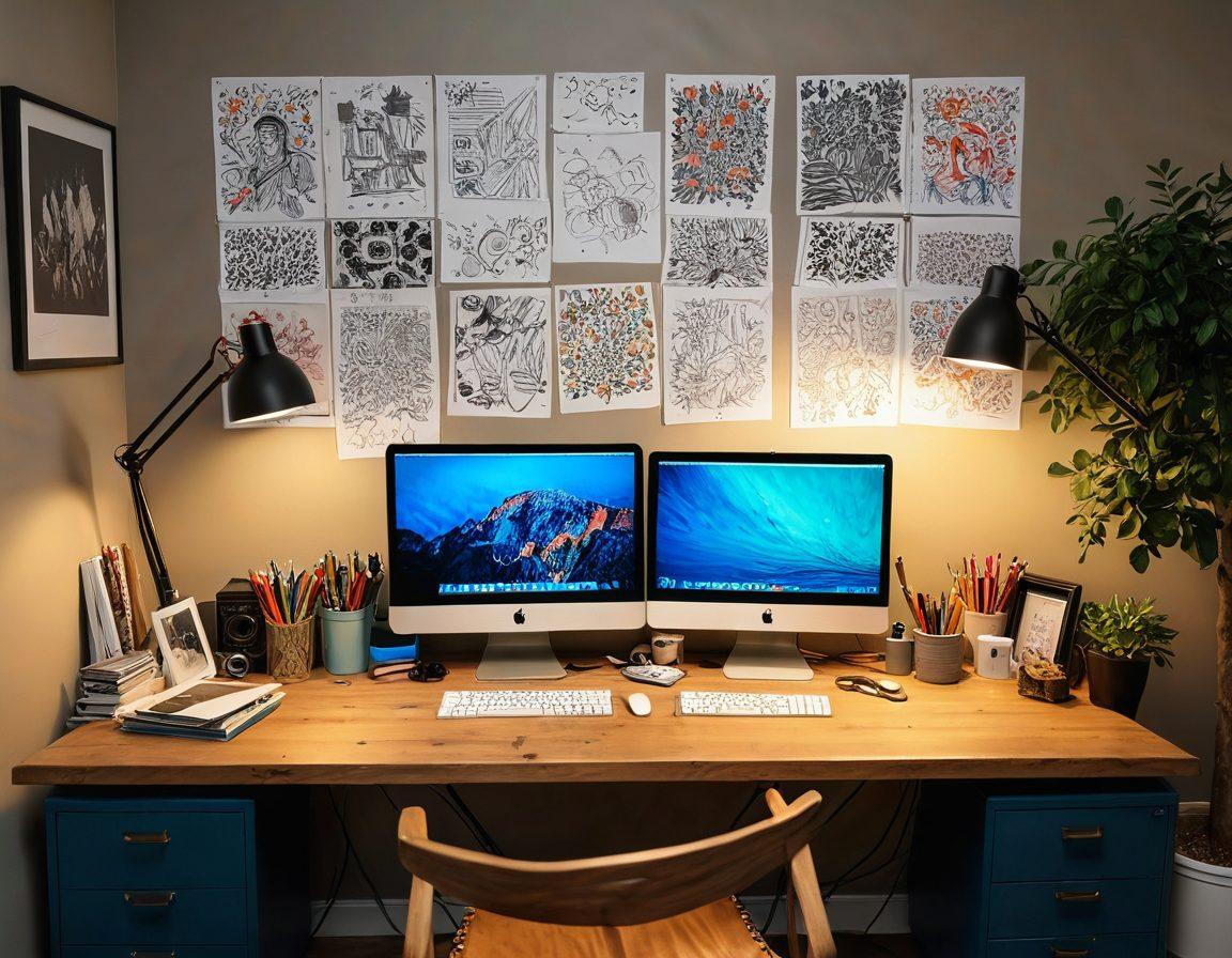 A vivid graphic design workspace filled with vibrant colors, featuring a passionate designer at a computer, surrounded by sketches and color swatches. Illustrate a mix of digital and traditional tools like a drawing tablet and paintbrushes, symbolizing the journey from passion to pixels. Include intimate details like warm lighting and personal touches in the setting, evoking a sense of creativity and connection. super-realistic. vibrant colors. cozy atmosphere.