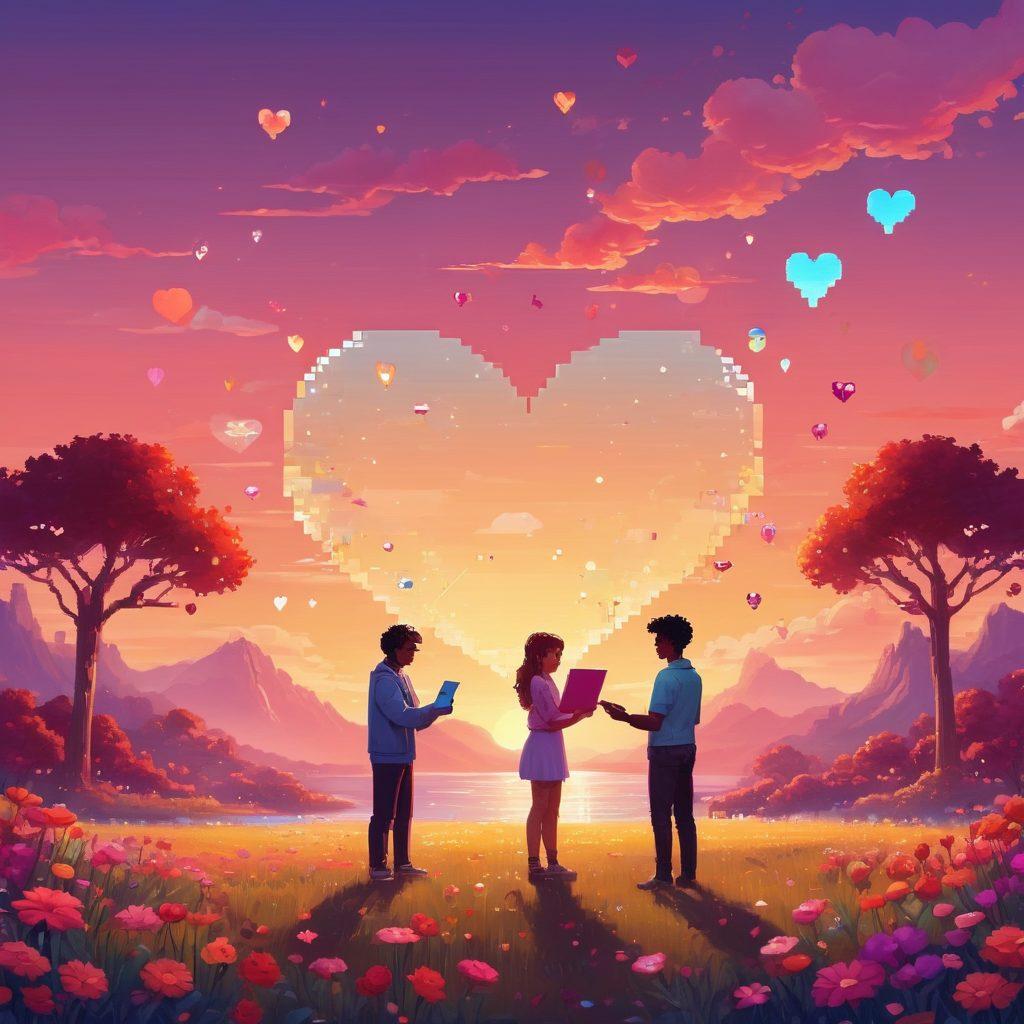 A whimsical scene depicting two characters exchanging love letters through digital devices, surrounded by vibrant PNG graphics of hearts, flowers, and emoticons. The background should represent a pixelated landscape, symbolizing the digital world, with a romantic sunset casting a warm glow. Include elements like floating chat bubbles and animated icons to emphasize the online aspects of intimacy. pixel art. vibrant colors. digital illustration.