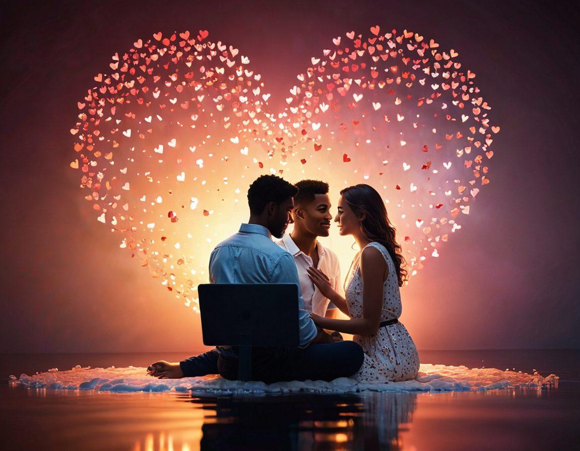 A romantic scene depicting a couple communicating through a computer screen, surrounded by floating PNG images symbolizing digital love. Incorporate elements of transparency in the images, blending hearts and affectionate gestures. The setting should be warm and inviting, with soft lighting that symbolizes connection. Add a subtle digital aesthetic, like pixelated edges around the PNG images, to enhance the theme of navigating romance in the digital age. super-realistic. warm colors. soft focus.